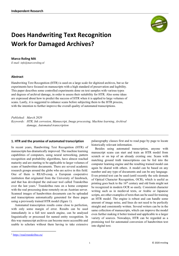 Omslagafbeelding bij Does Handwriting Text Recognition Work for Damaged Archives?